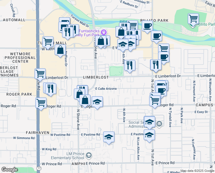 map of restaurants, bars, coffee shops, grocery stores, and more near 231 East Calle Arizona in Tucson