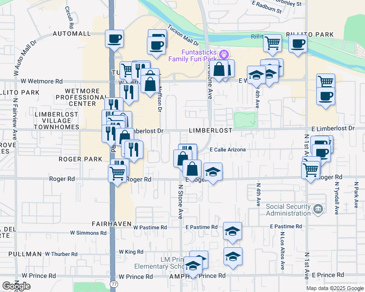 map of restaurants, bars, coffee shops, grocery stores, and more near 4116 North Thurston Lane in Tucson