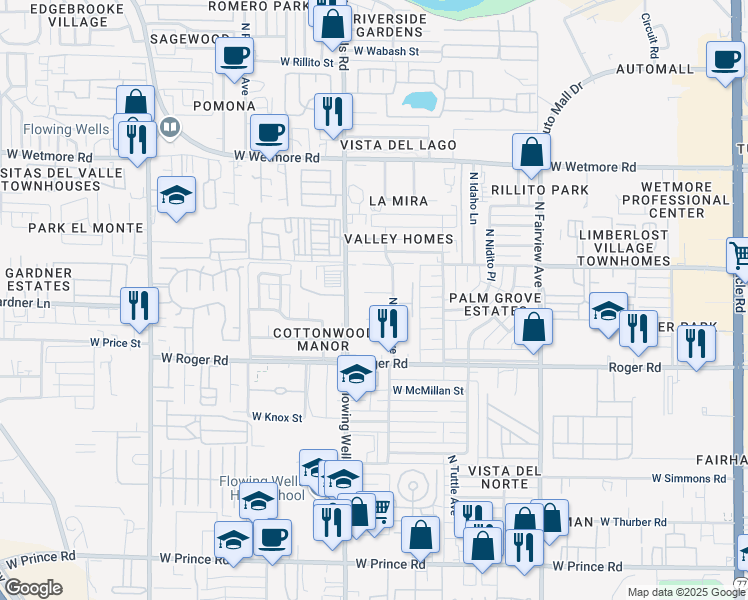 map of restaurants, bars, coffee shops, grocery stores, and more near 1340 West El Caminito Place in Tucson
