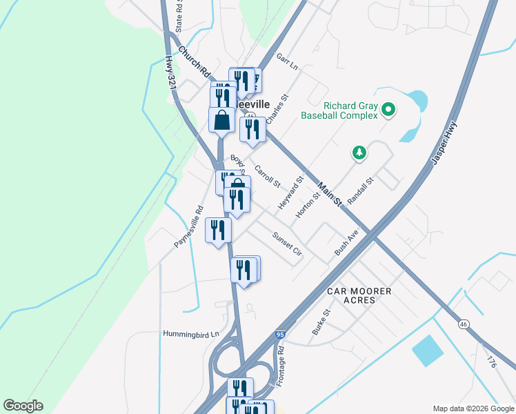 map of restaurants, bars, coffee shops, grocery stores, and more near 18 Boyd Street in Hardeeville