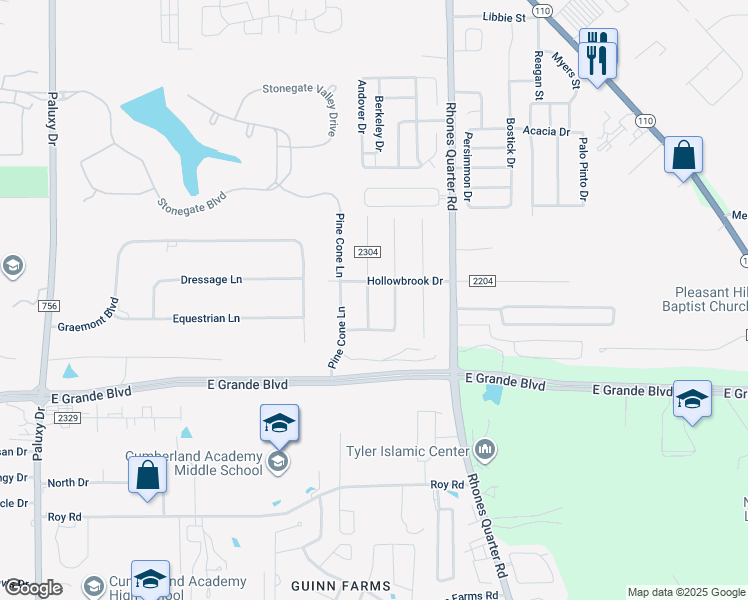 map of restaurants, bars, coffee shops, grocery stores, and more near 6136 Mesquite Drive in Tyler