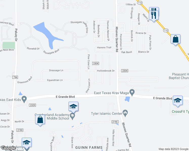 map of restaurants, bars, coffee shops, grocery stores, and more near 6137 Mesquite Drive in Tyler