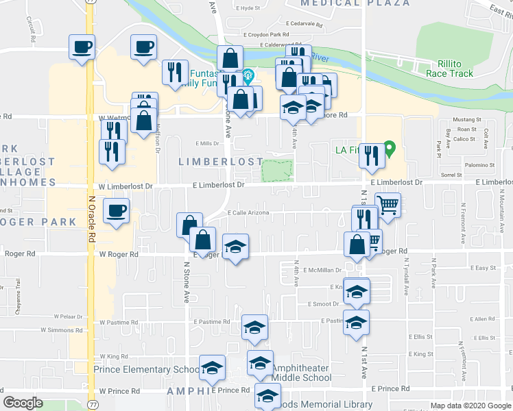 map of restaurants, bars, coffee shops, grocery stores, and more near 231 East Calle Arizona in Tucson