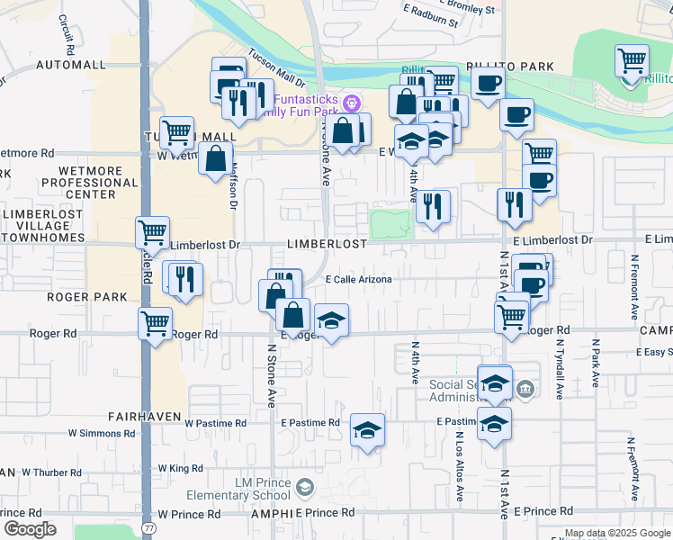 map of restaurants, bars, coffee shops, grocery stores, and more near 231 East Calle Arizona in Tucson