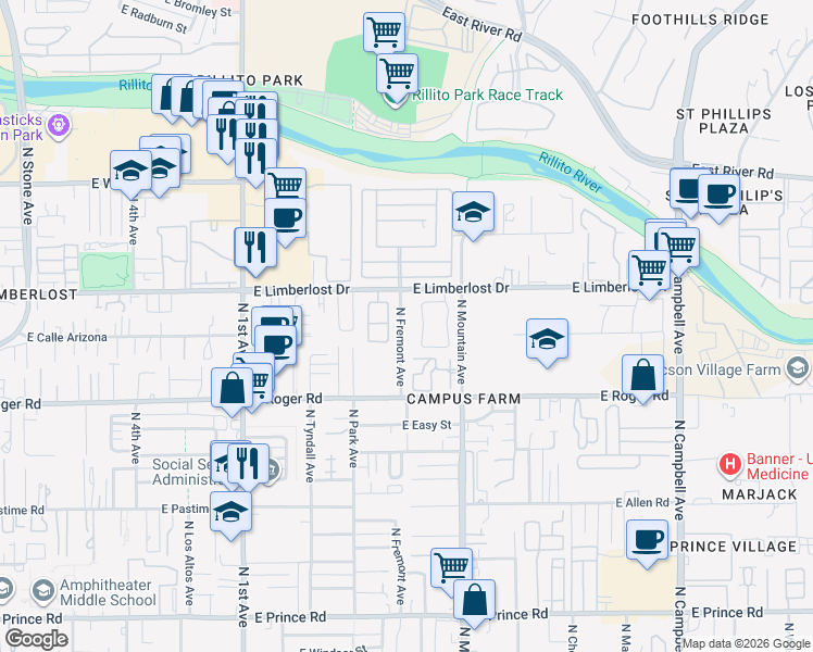 map of restaurants, bars, coffee shops, grocery stores, and more near 4067 North Fremont Avenue in Tucson
