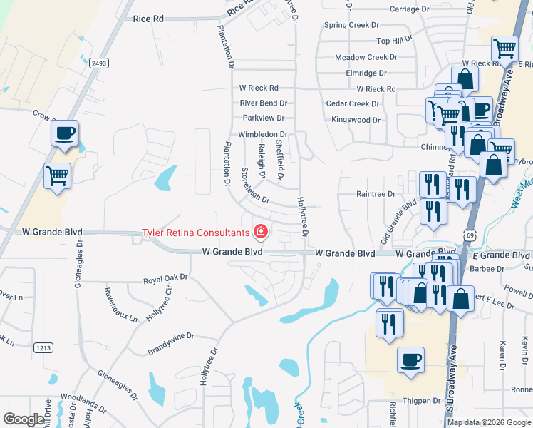map of restaurants, bars, coffee shops, grocery stores, and more near 6020 Plantation Drive in Tyler