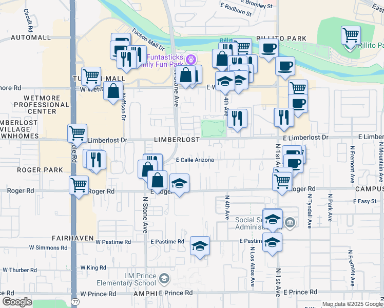 map of restaurants, bars, coffee shops, grocery stores, and more near 257 East Calle Arizona in Tucson