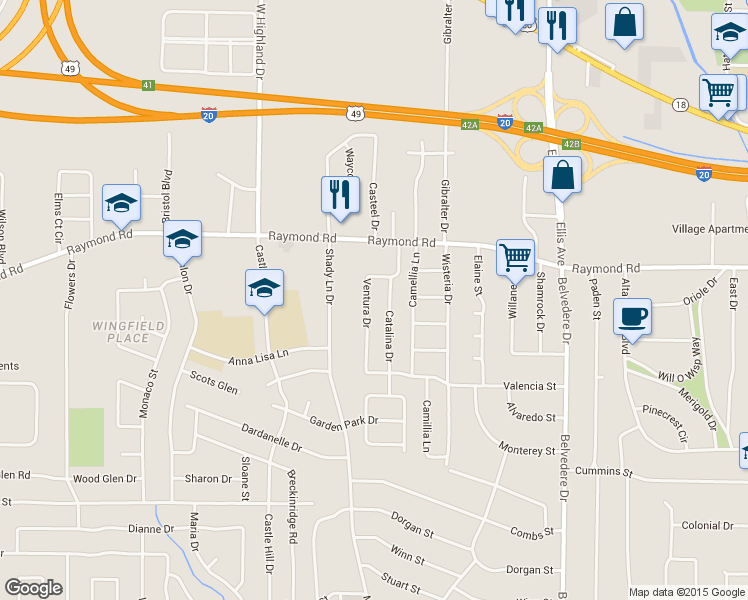 map of restaurants, bars, coffee shops, grocery stores, and more near 1920 Ventura Drive in Jackson