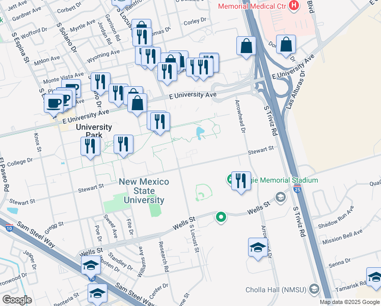 map of restaurants, bars, coffee shops, grocery stores, and more near 1725 Stewart Street in Las Cruces