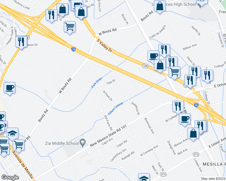 map of restaurants, bars, coffee shops, grocery stores, and more near 453 Purdue Court in Las Cruces
