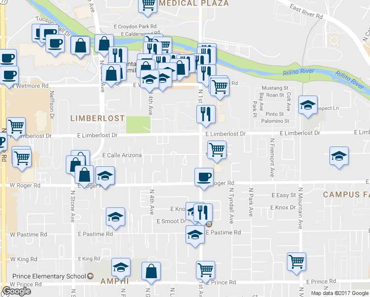 map of restaurants, bars, coffee shops, grocery stores, and more near 601 East Calle Arizona in Tucson