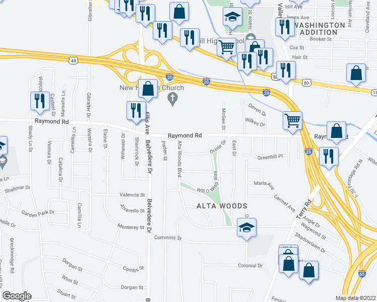 map of restaurants, bars, coffee shops, grocery stores, and more near 534 Oriole Drive in Jackson