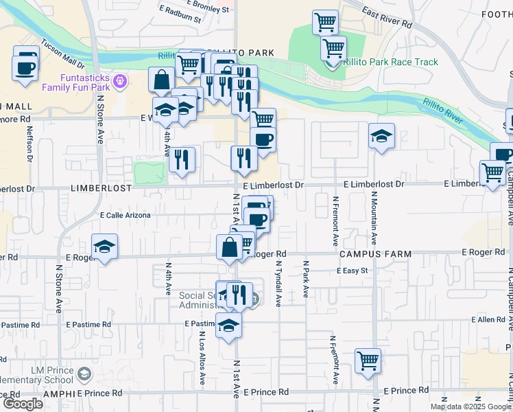 map of restaurants, bars, coffee shops, grocery stores, and more near 4130 North 1st Avenue in Tucson
