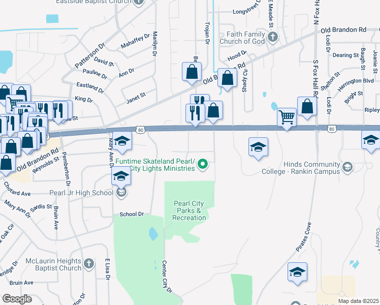 map of restaurants, bars, coffee shops, grocery stores, and more near 3535 U.S. 80 in Pearl
