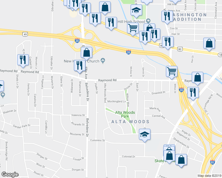 map of restaurants, bars, coffee shops, grocery stores, and more near 532 Oriole Drive in Jackson