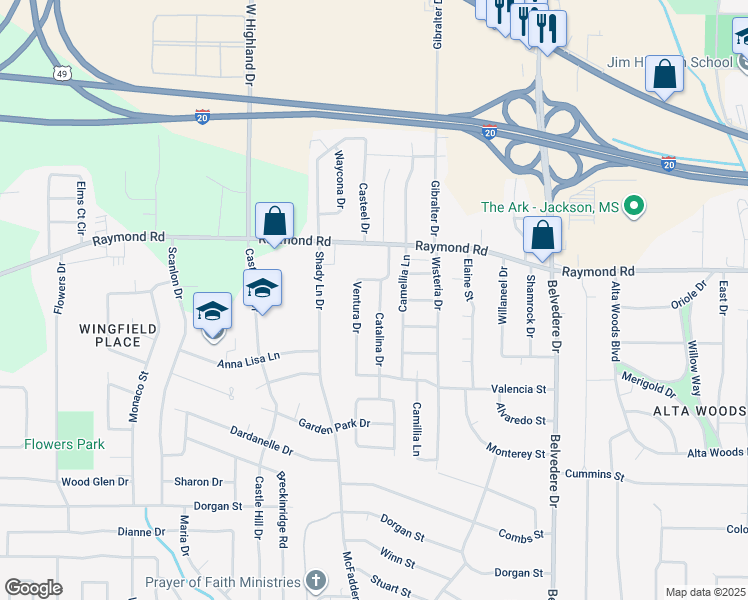 map of restaurants, bars, coffee shops, grocery stores, and more near 1909 Catalina Drive in Jackson