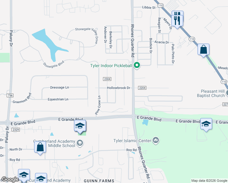 map of restaurants, bars, coffee shops, grocery stores, and more near 6125 Whispering Lane in Tyler