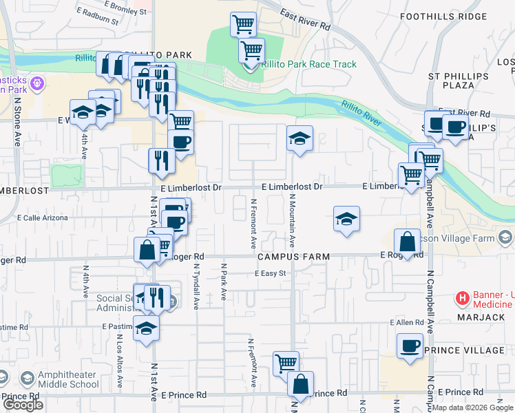 map of restaurants, bars, coffee shops, grocery stores, and more near 4067 North Fremont Avenue in Tucson