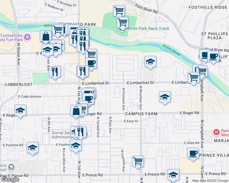 map of restaurants, bars, coffee shops, grocery stores, and more near 4162 North Fortune Loop in Tucson