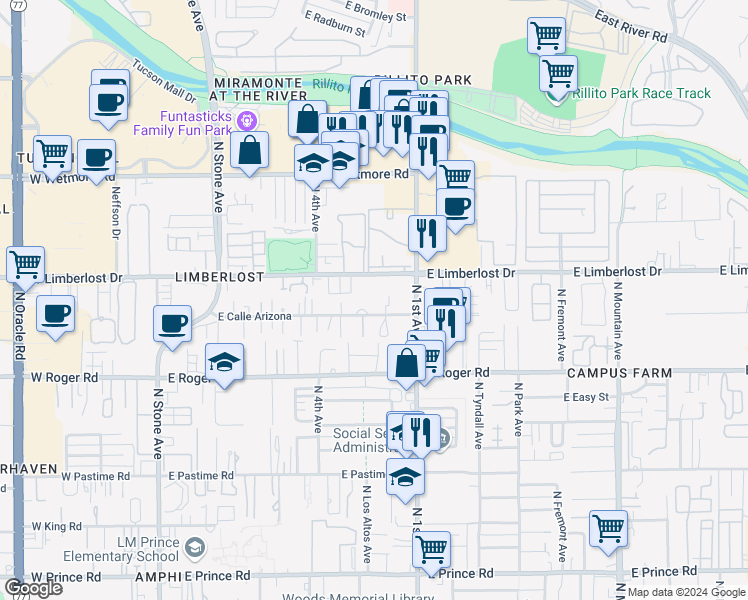 map of restaurants, bars, coffee shops, grocery stores, and more near 601 East Calle Arizona in Tucson