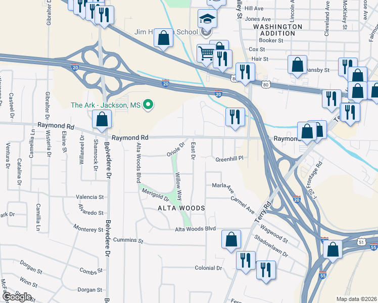 map of restaurants, bars, coffee shops, grocery stores, and more near 1835 East Drive in Jackson