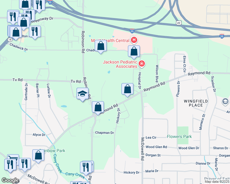 map of restaurants, bars, coffee shops, grocery stores, and more near 1538 Raymond Road in Jackson
