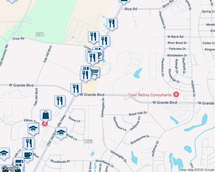 map of restaurants, bars, coffee shops, grocery stores, and more near 2055 West Grande Boulevard in Tyler