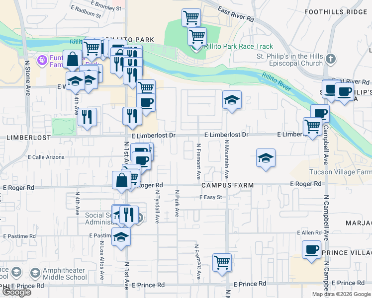 map of restaurants, bars, coffee shops, grocery stores, and more near 4162 North Fortune Loop in Tucson