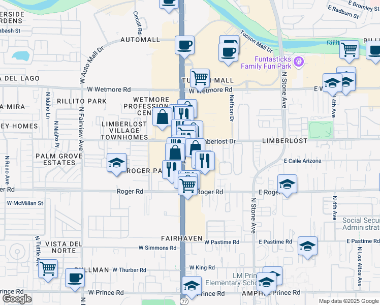 map of restaurants, bars, coffee shops, grocery stores, and more near 4120 North Oracle Road in Tucson