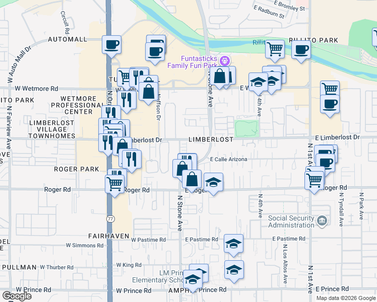 map of restaurants, bars, coffee shops, grocery stores, and more near 4162 North Thurston Lane in Tucson