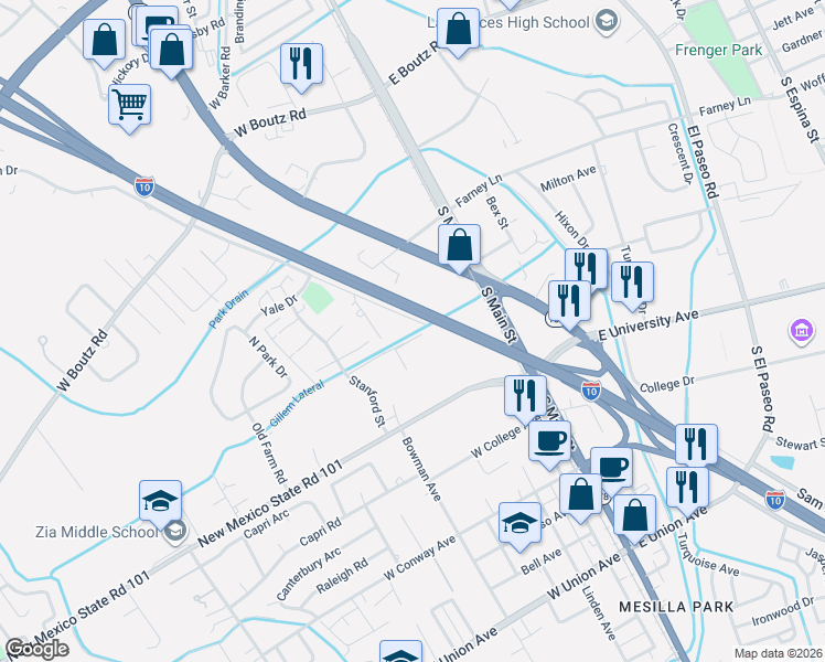 map of restaurants, bars, coffee shops, grocery stores, and more near 2300 Stern Drive in Las Cruces