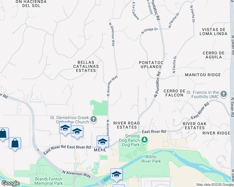 map of restaurants, bars, coffee shops, grocery stores, and more near 3961 East San Simeon Drive in Tucson