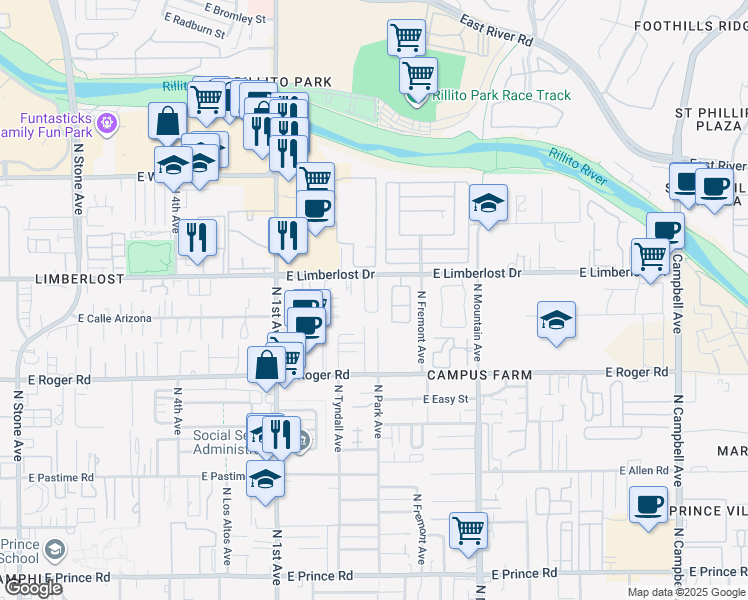 map of restaurants, bars, coffee shops, grocery stores, and more near 4162 North Fortune Loop in Tucson