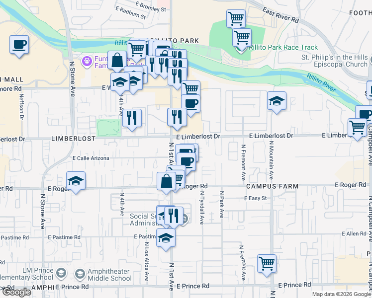 map of restaurants, bars, coffee shops, grocery stores, and more near 4130 North 1st Avenue in Tucson