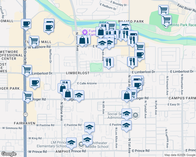 map of restaurants, bars, coffee shops, grocery stores, and more near 371 East Calle Arizona in Tucson