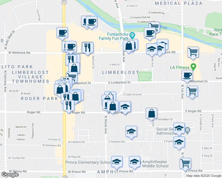 map of restaurants, bars, coffee shops, grocery stores, and more near 4116 North Thurston Lane in Tucson