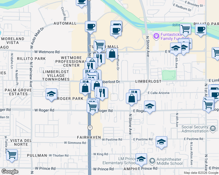 map of restaurants, bars, coffee shops, grocery stores, and more near 4140 North Western Winds Drive in Tucson