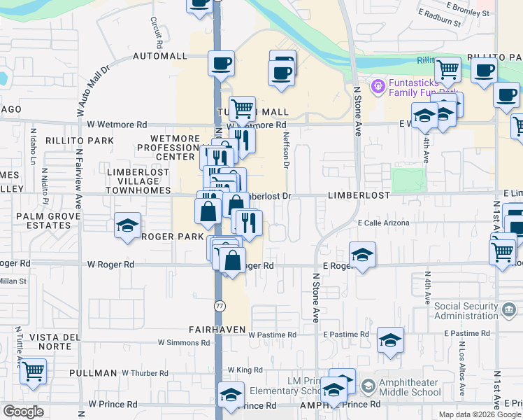 map of restaurants, bars, coffee shops, grocery stores, and more near 4167 North Gardenview Circle in Tucson