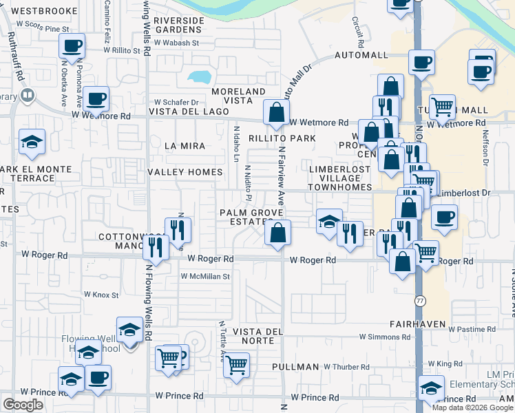 map of restaurants, bars, coffee shops, grocery stores, and more near 4118 North Palm Grove Drive in Tucson