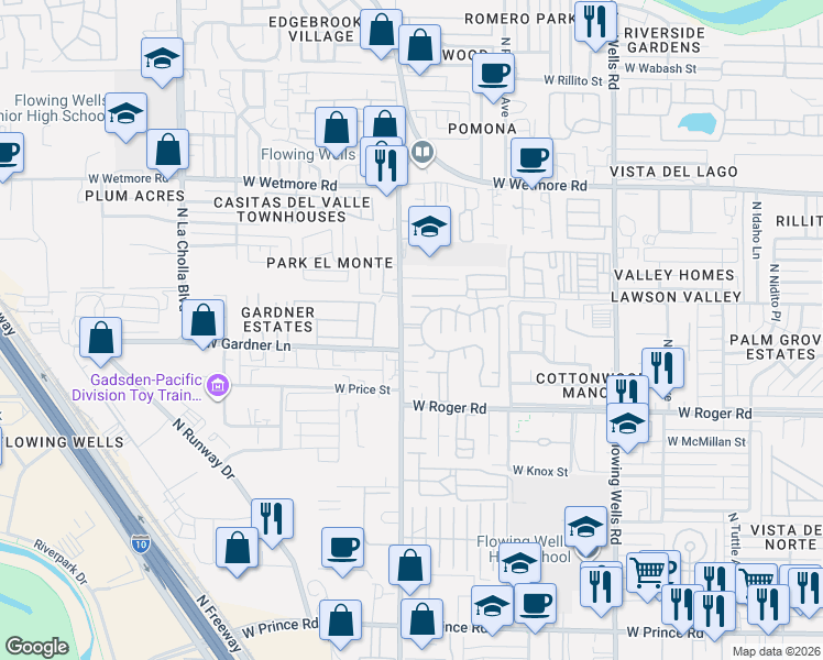 map of restaurants, bars, coffee shops, grocery stores, and more near 4080 Romero Road in Tucson