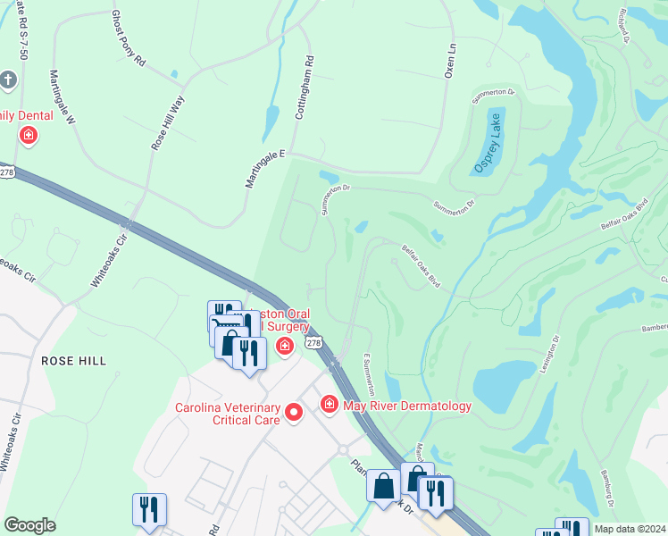 map of restaurants, bars, coffee shops, grocery stores, and more near 24 Summerton Drive in Bluffton