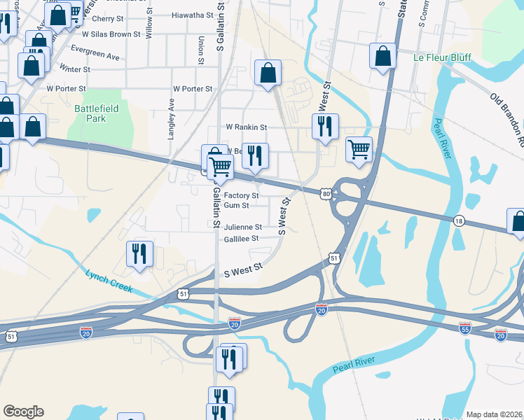 map of restaurants, bars, coffee shops, grocery stores, and more near 214 Julienne Street in Jackson