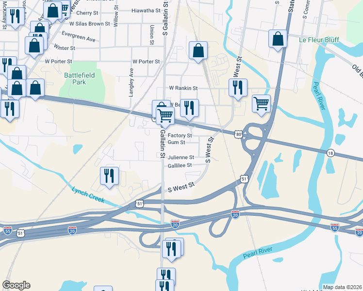 map of restaurants, bars, coffee shops, grocery stores, and more near 322 Julienne Street in Jackson