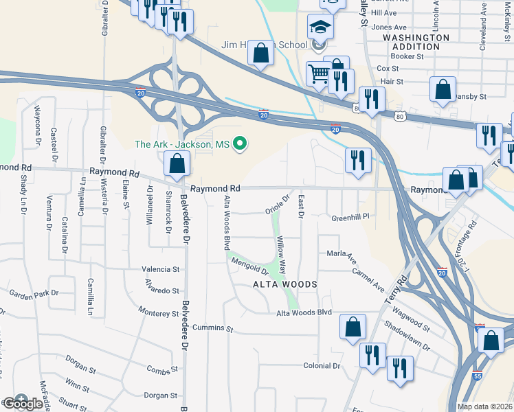 map of restaurants, bars, coffee shops, grocery stores, and more near 1903 Will O Wisp Way in Jackson