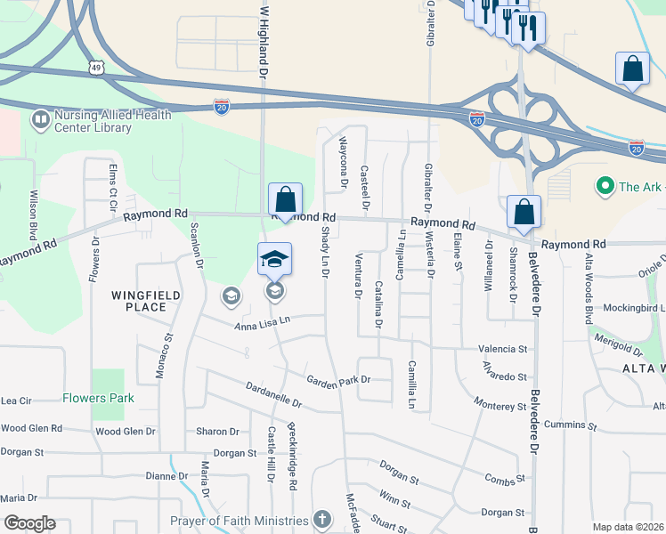 map of restaurants, bars, coffee shops, grocery stores, and more near 1914 Shady Lane Drive in Jackson