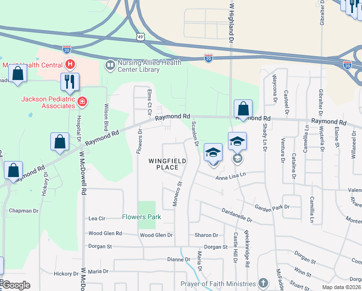 map of restaurants, bars, coffee shops, grocery stores, and more near 2035 Monaco Street in Jackson