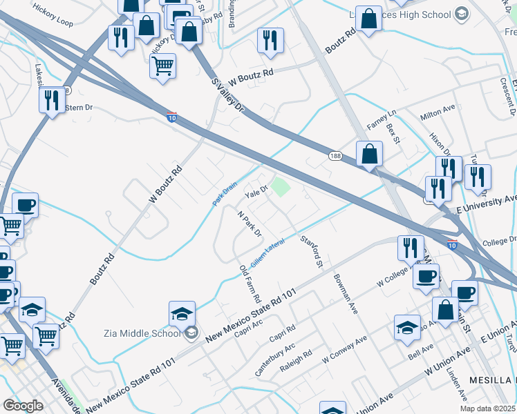 map of restaurants, bars, coffee shops, grocery stores, and more near 599 Purdue Court in Las Cruces