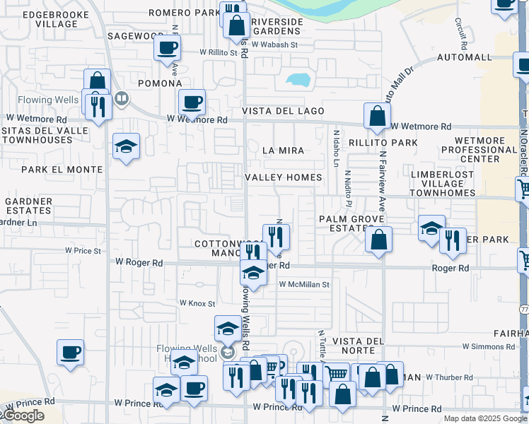 map of restaurants, bars, coffee shops, grocery stores, and more near 1340 West El Caminito Place in Tucson