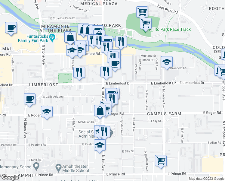 map of restaurants, bars, coffee shops, grocery stores, and more near 4116 North 1st Avenue in Tucson
