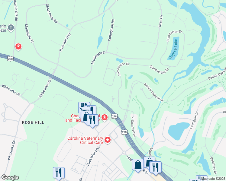map of restaurants, bars, coffee shops, grocery stores, and more near 15 Newberry Court in Bluffton
